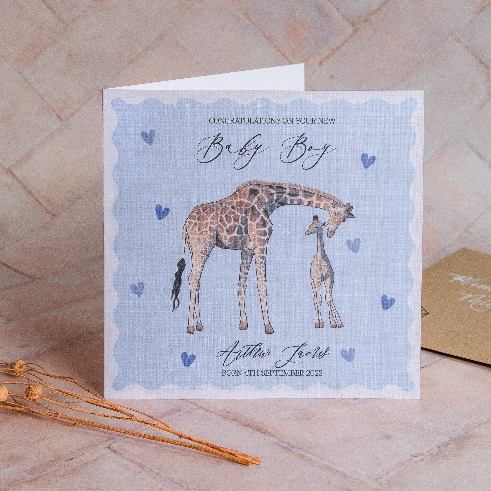 Personalised Giraffe Baby Boy Card - Baby Shower / New Baby / New Arrival