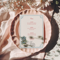 Whimsical Bike Wedding Menu | Hand Illustrated with Blue Border
