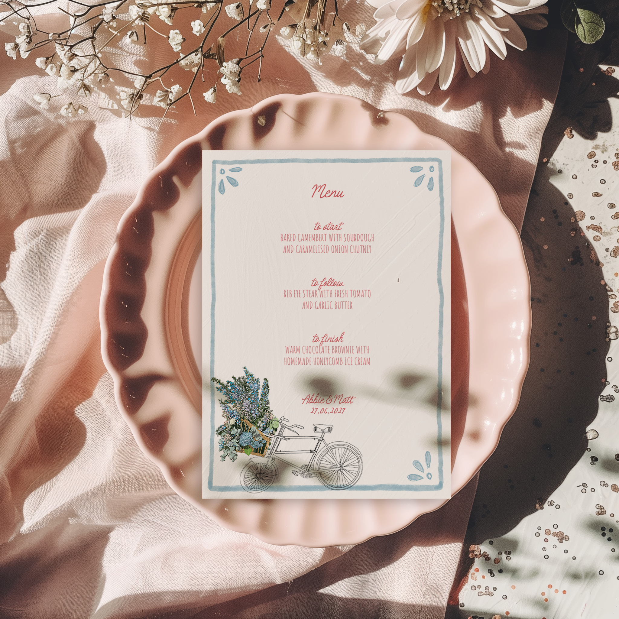 Whimsical Bike Wedding Menu | Hand Illustrated with Blue Border
