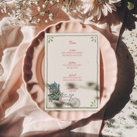 Whimsical Bike Wedding Menu | Hand Illustrated with Green Border