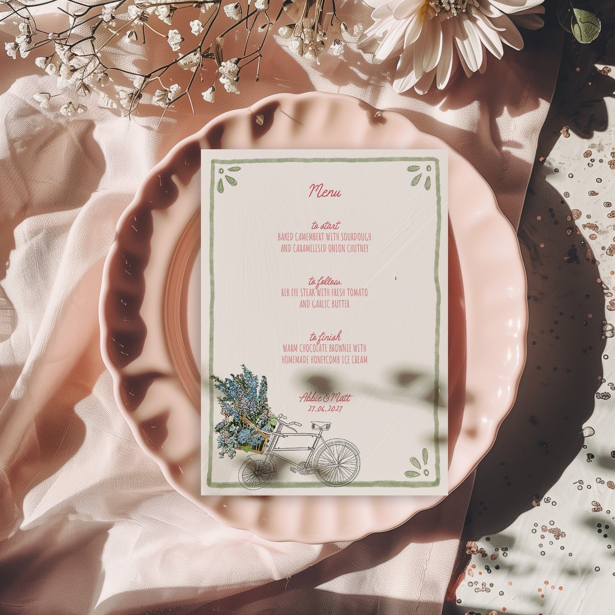 Whimsical Bike Wedding Menu | Hand Illustrated with Green Border