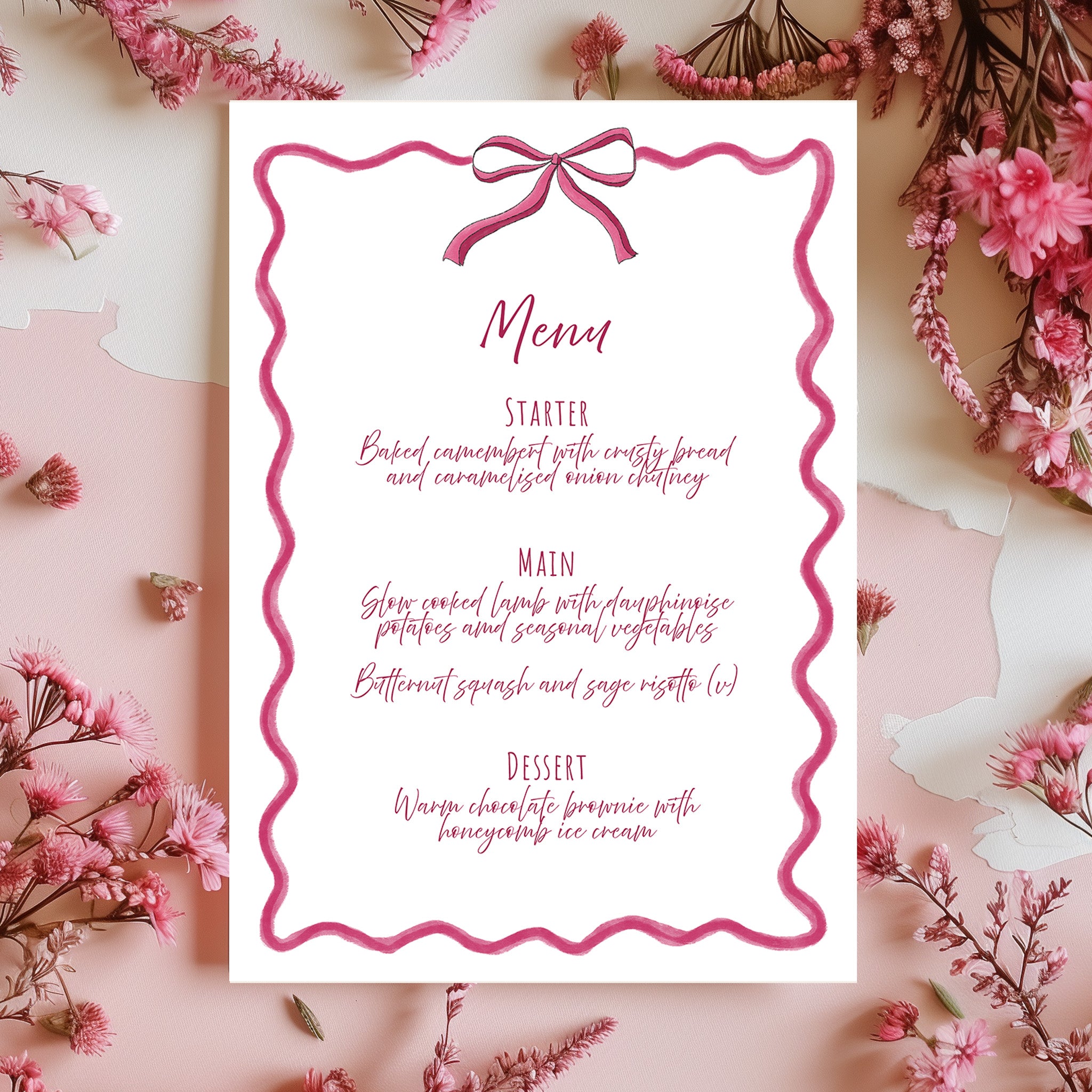 Hand Drawn Bow Wedding Menu | Pink Bow Event Stationery