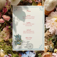 Whimsical Bike Wedding Menu | Hand Illustrated with Blue Border