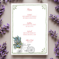 Whimsical Bike Wedding Menu | Hand Illustrated with Green Border