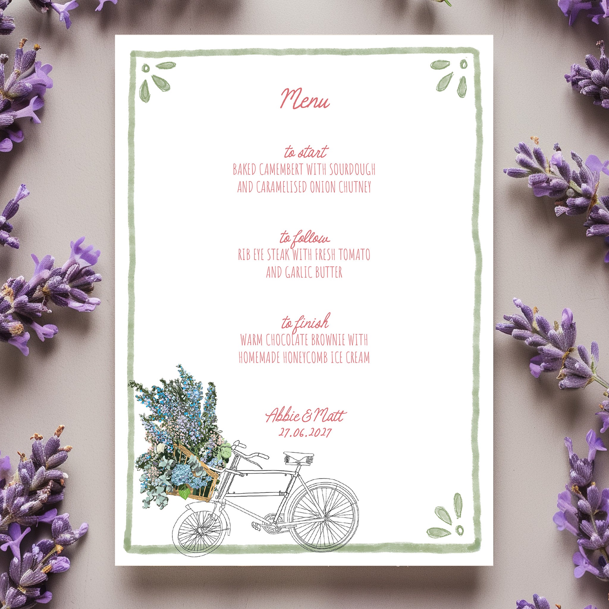 Whimsical Bike Wedding Menu | Hand Illustrated with Green Border
