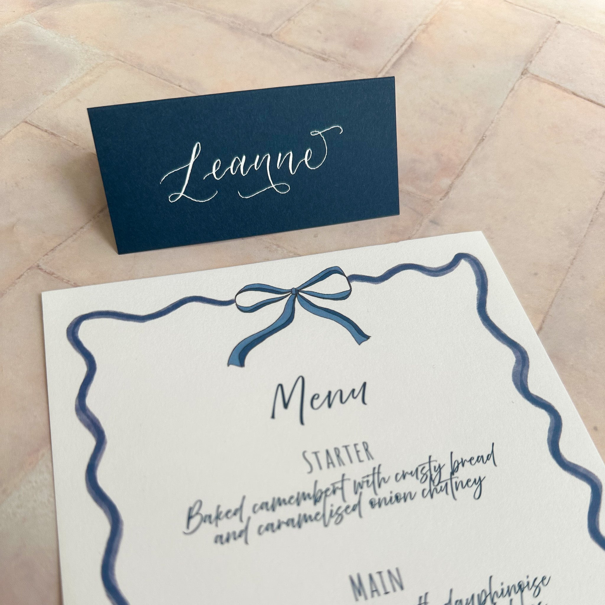 Hand Drawn Bow Wedding Menu | Navy Bow Event Stationery