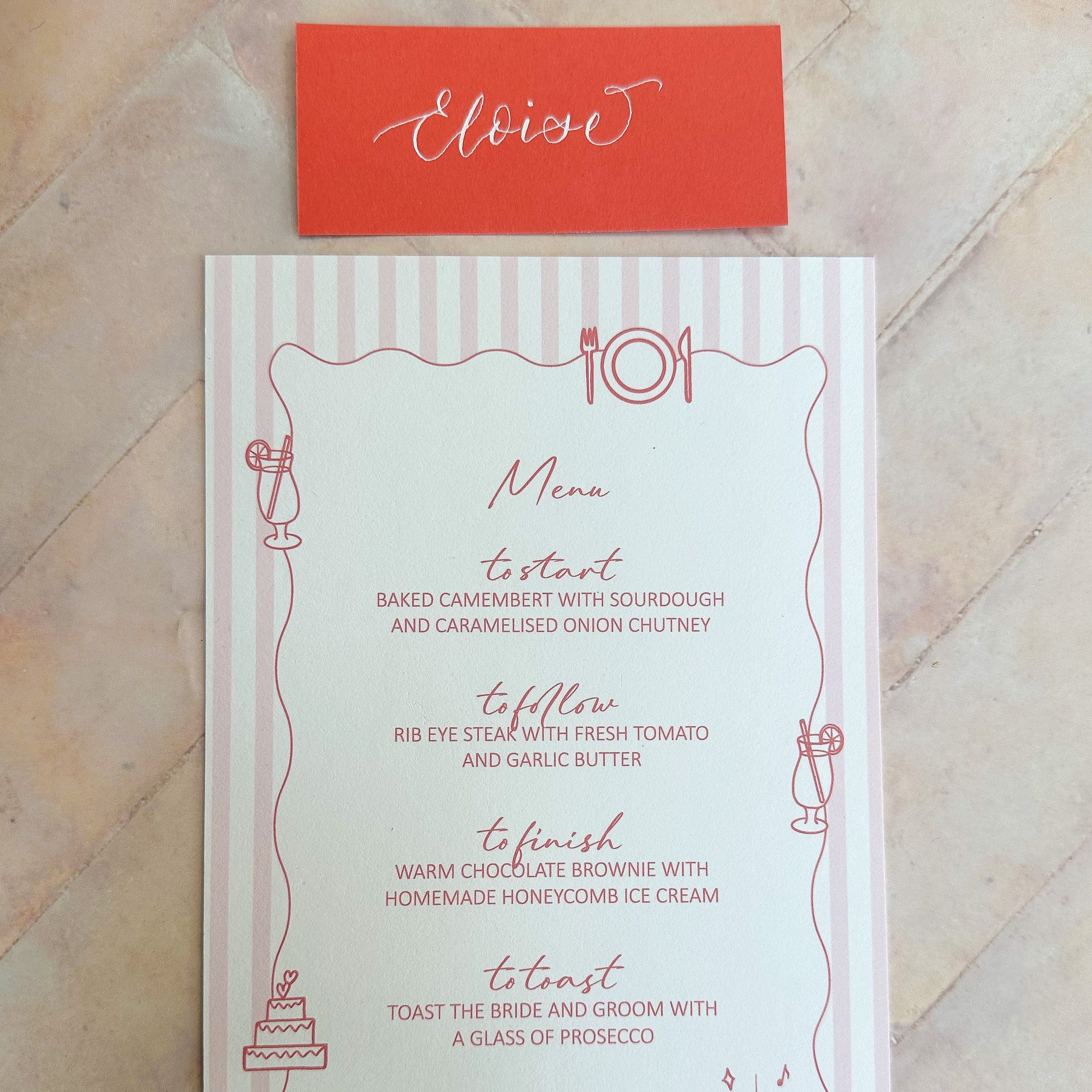 Hand Illustrated Striped Pink Wedding Menu
