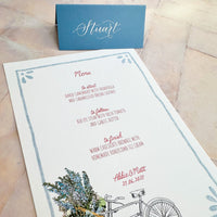 Whimsical Bike Wedding Menu | Hand Illustrated with Blue Border
