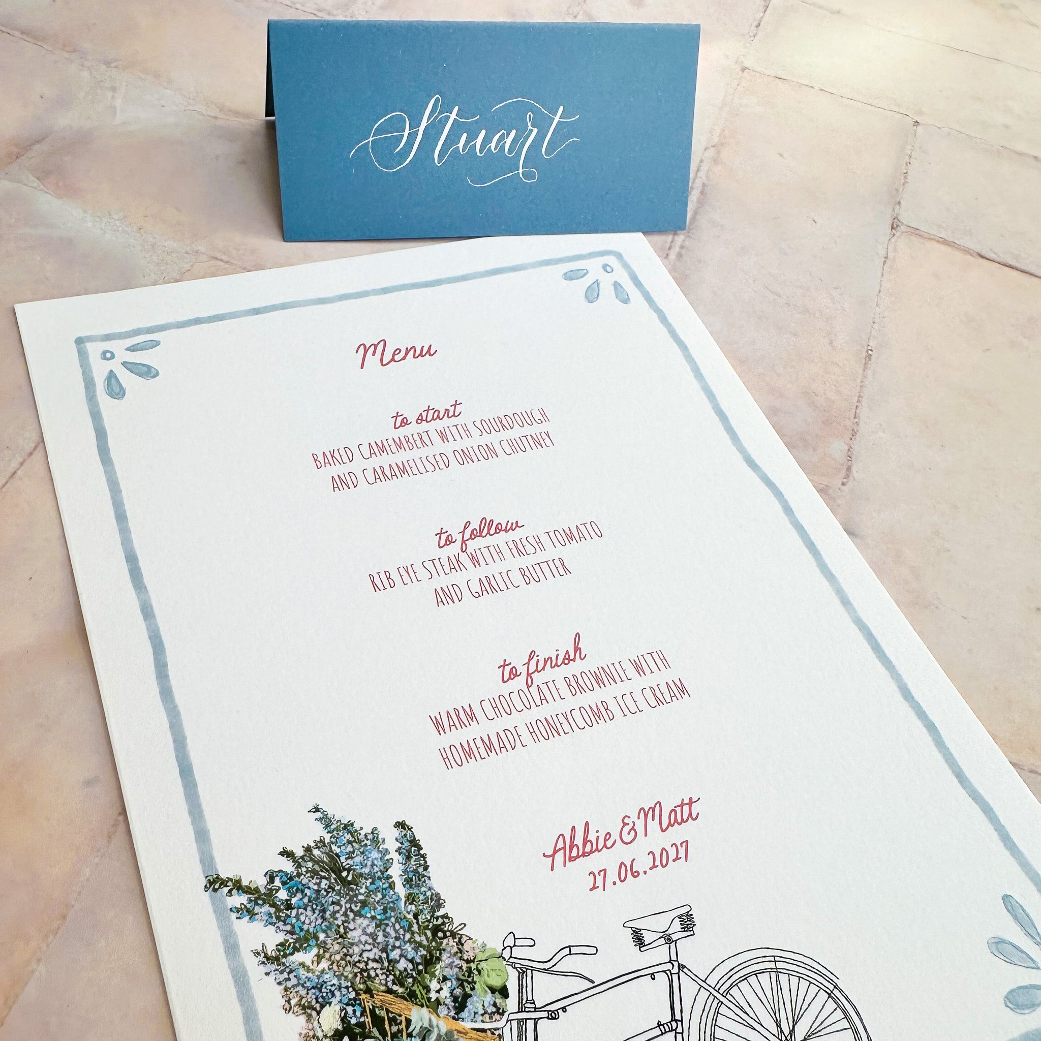Whimsical Bike Wedding Menu | Hand Illustrated with Blue Border
