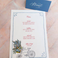 Whimsical Bike Wedding Menu | Hand Illustrated with Blue Border