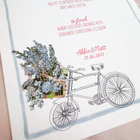 Whimsical Bike Wedding Menu | Hand Illustrated with Blue Border