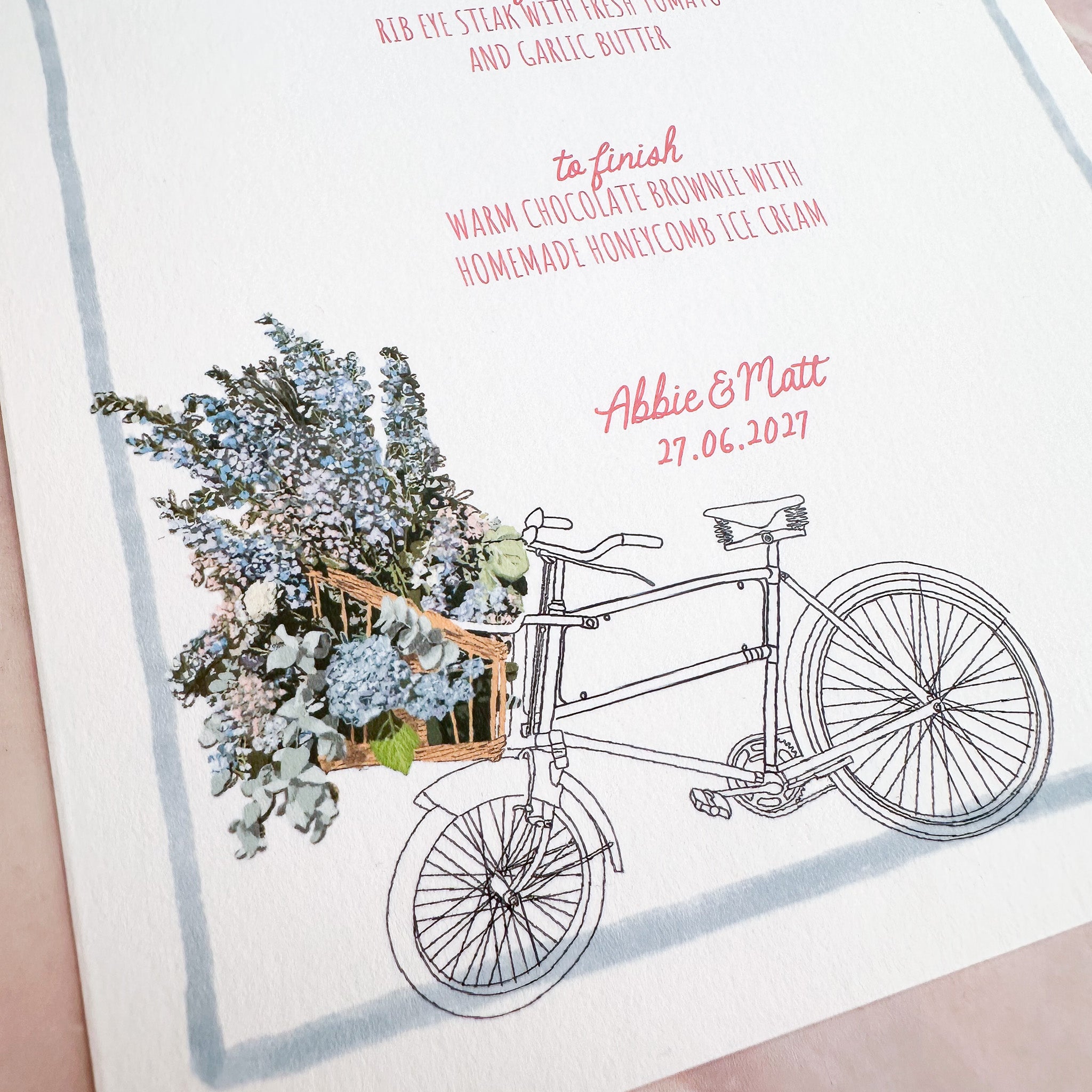 Whimsical Bike Wedding Menu | Hand Illustrated with Blue Border