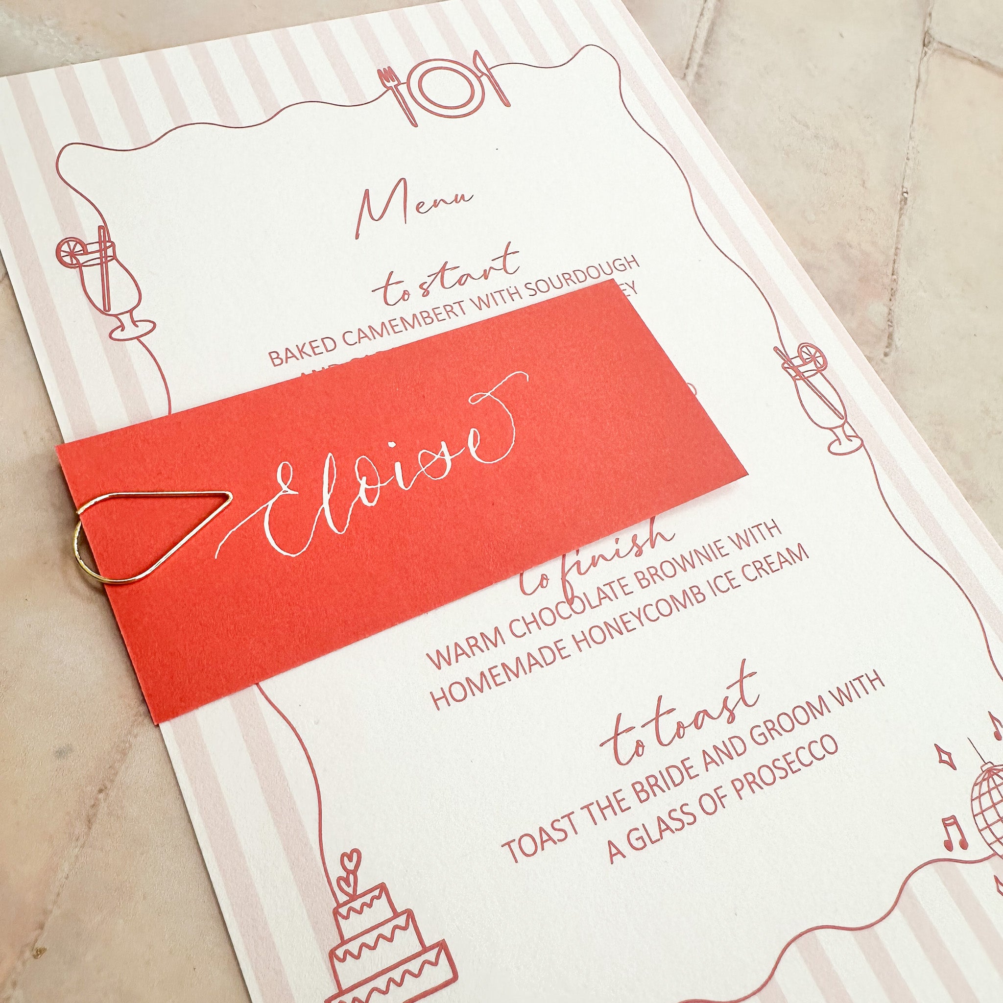 Hand Illustrated Striped Pink Wedding Menu