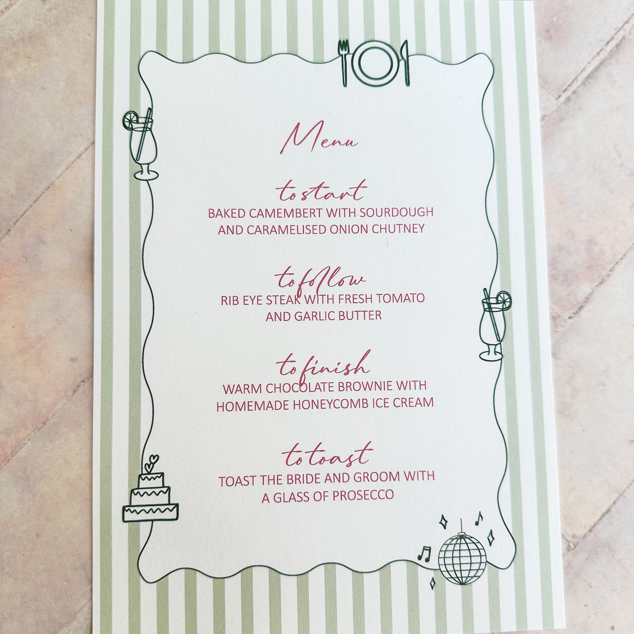 Hand Illustrated Striped Green Wedding Menu