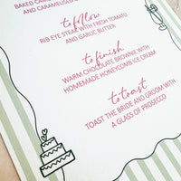 Hand Illustrated Striped Green Wedding Menu
