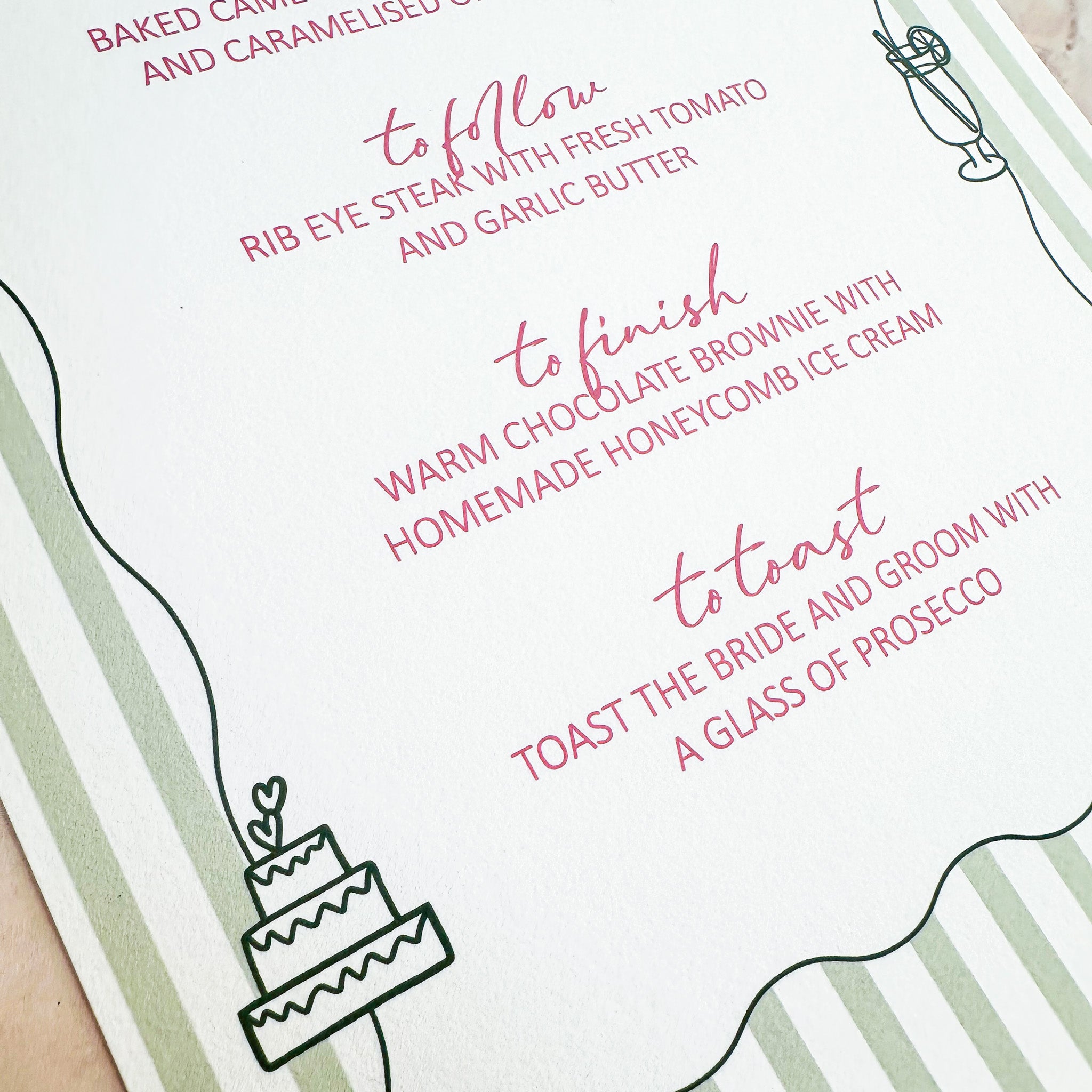 Hand Illustrated Striped Green Wedding Menu