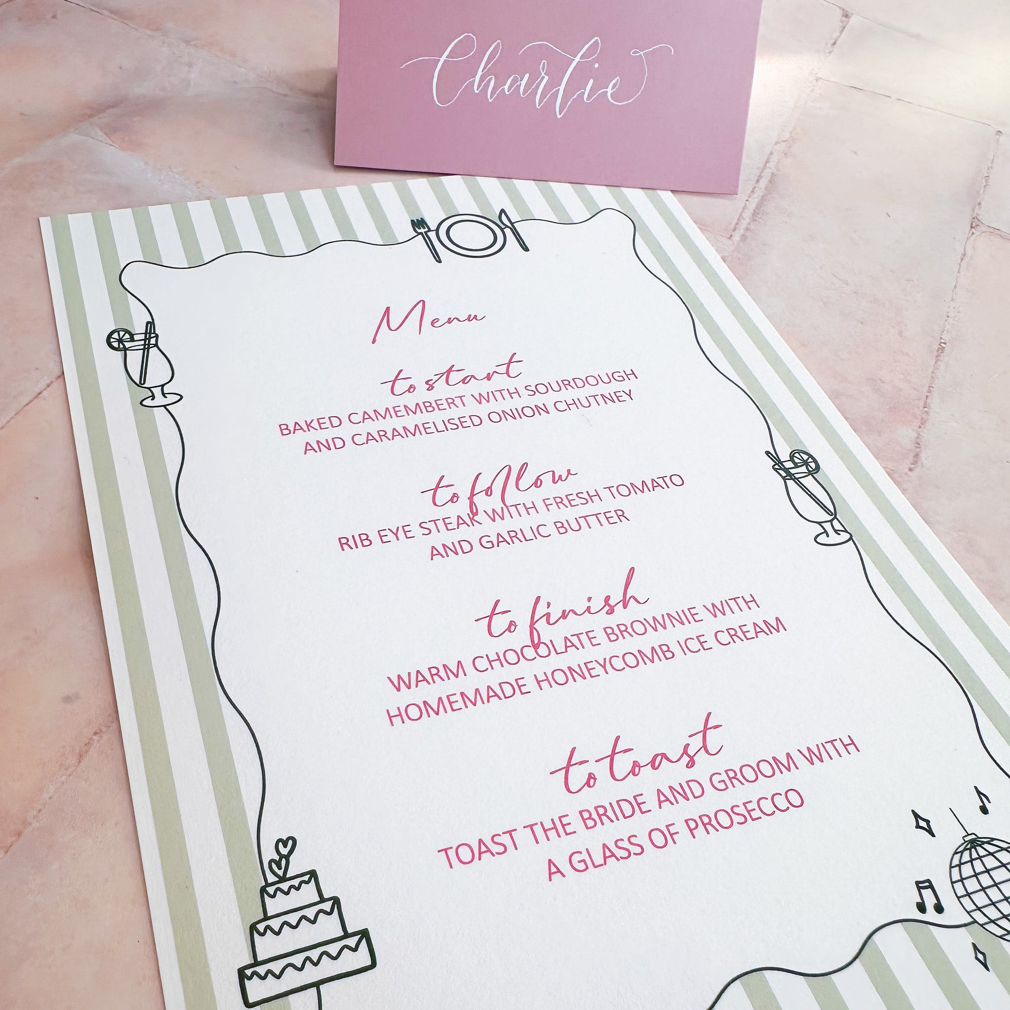 Hand Illustrated Striped Green Wedding Menu