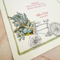 Whimsical Bike Wedding Menu | Hand Illustrated with Green Border