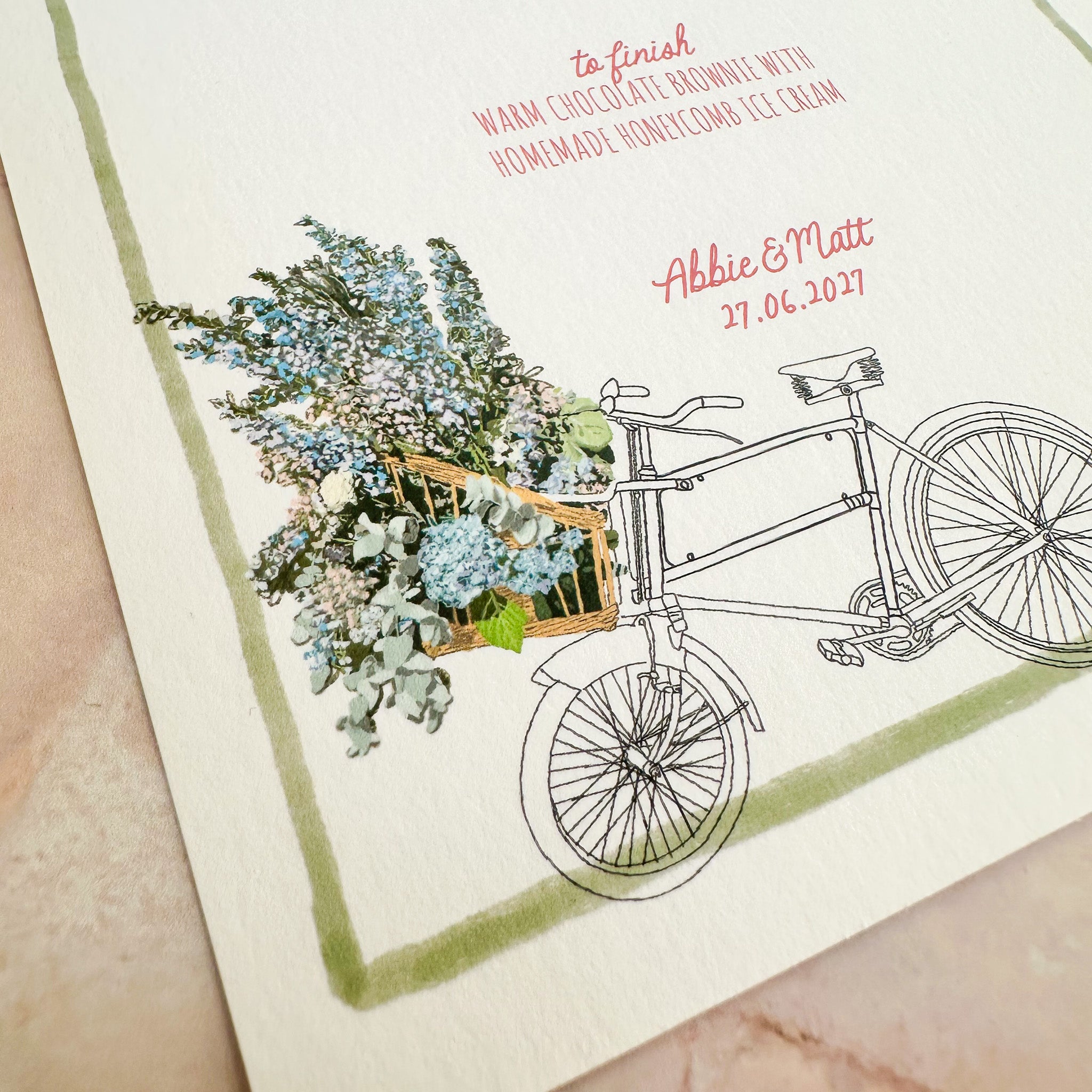 Whimsical Bike Wedding Menu | Hand Illustrated with Green Border