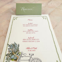 Whimsical Bike Wedding Menu | Hand Illustrated with Green Border
