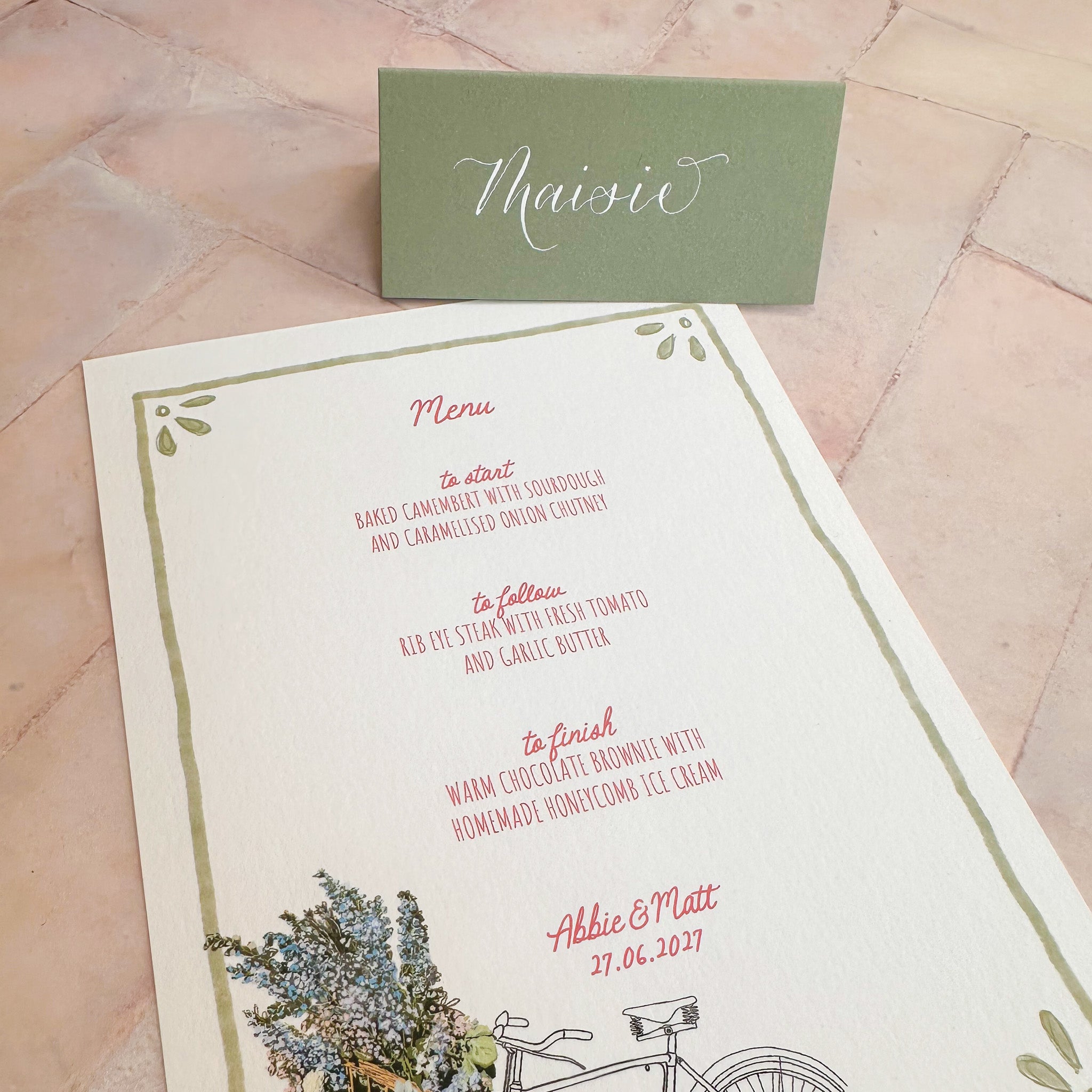 Whimsical Bike Wedding Menu | Hand Illustrated with Green Border