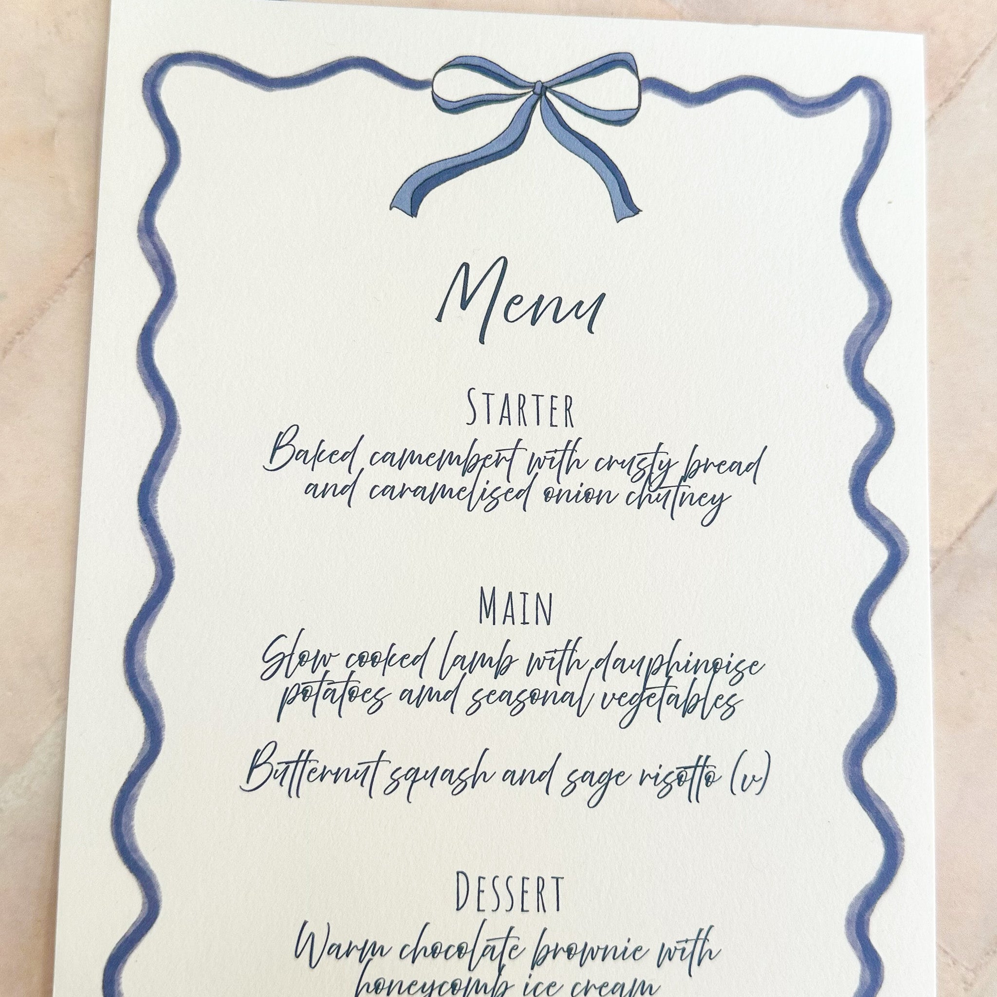 Hand Drawn Bow Wedding Menu | Navy Bow Event Stationery
