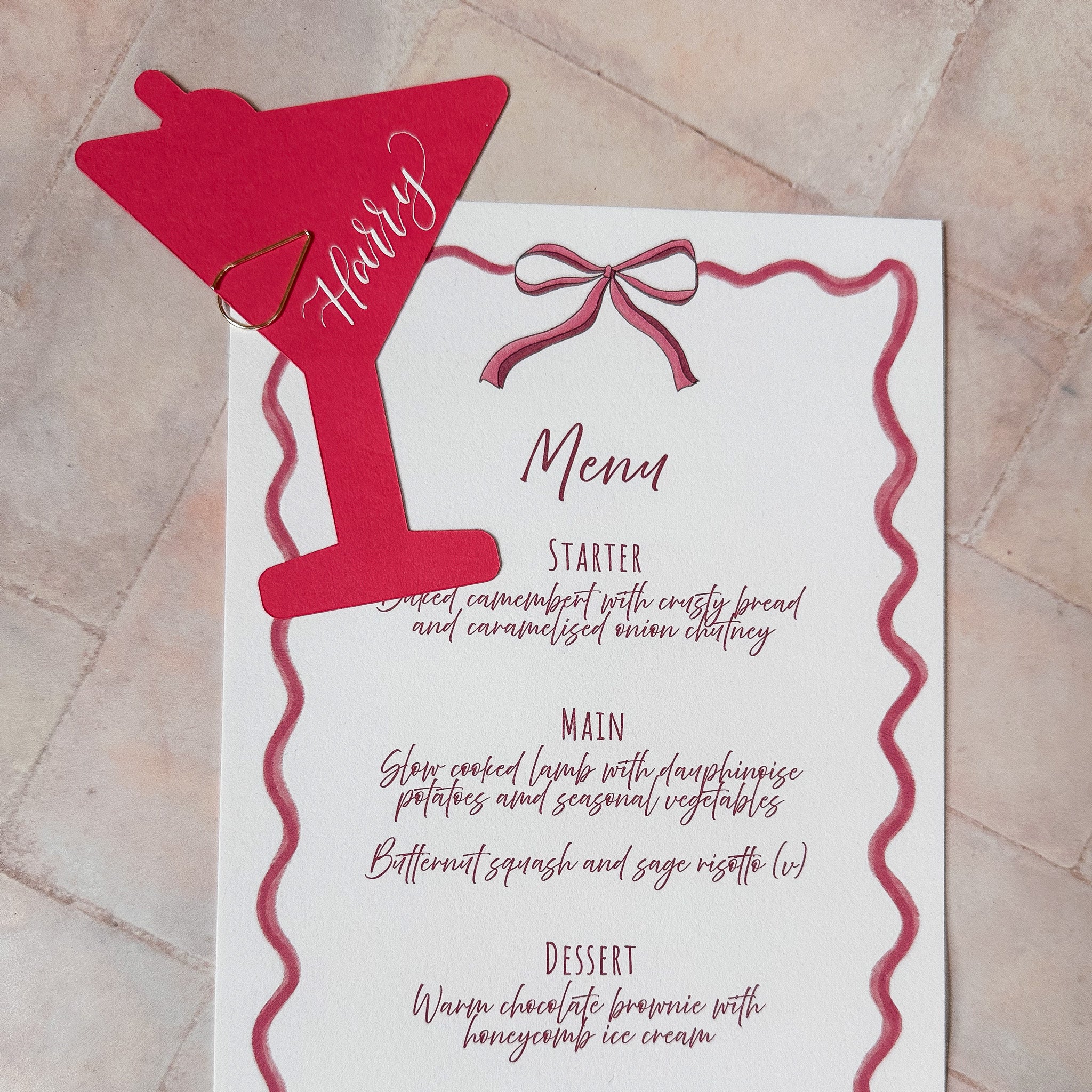 Hand Drawn Bow Wedding Menu | Pink Bow Event Stationery
