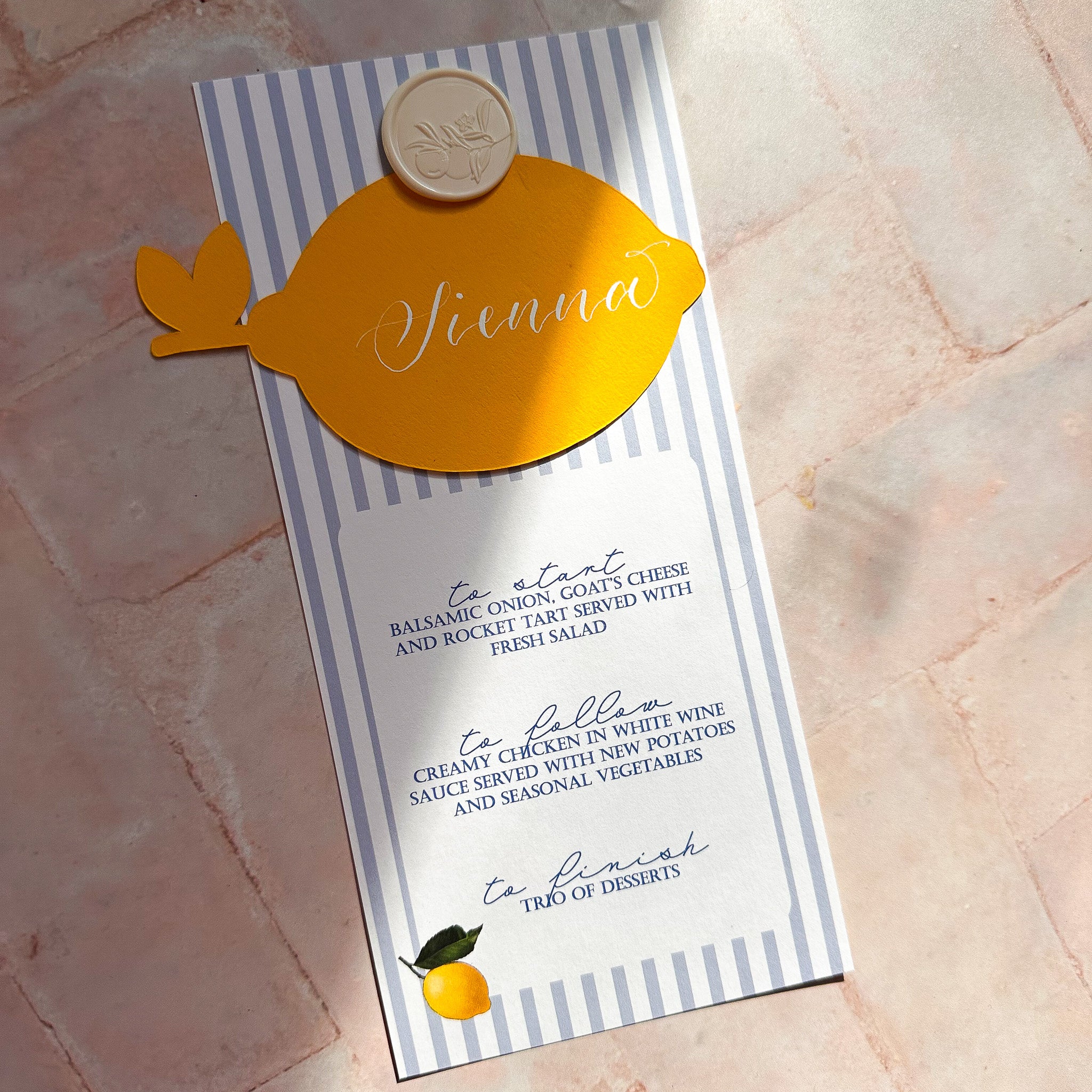 Italian Style Wedding Menu with Lemon Place Name
