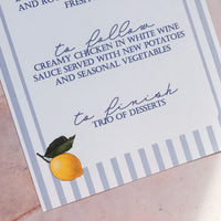 Italian Style Wedding Menu with Lemon Place Name