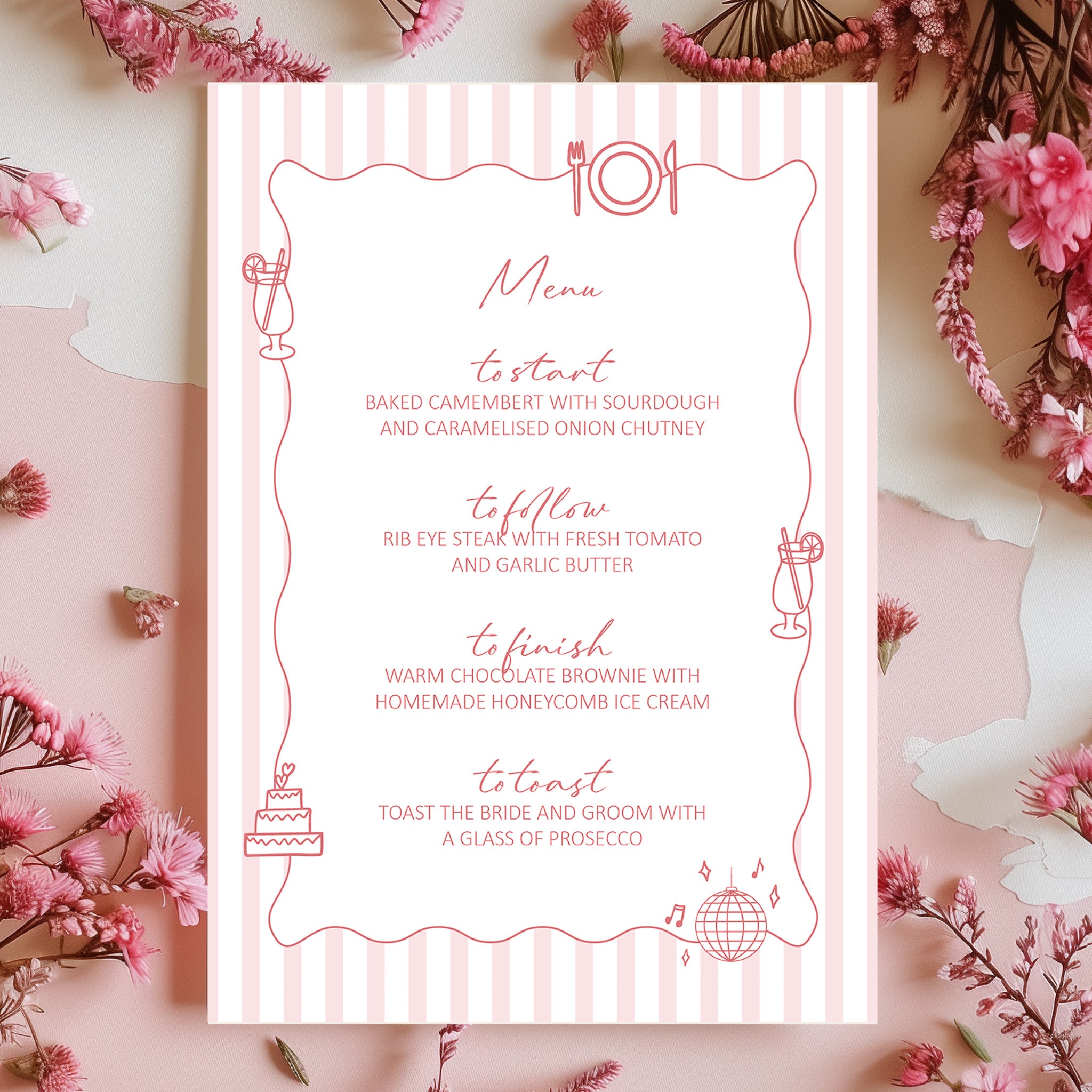 Hand Illustrated Striped Pink Wedding Menu