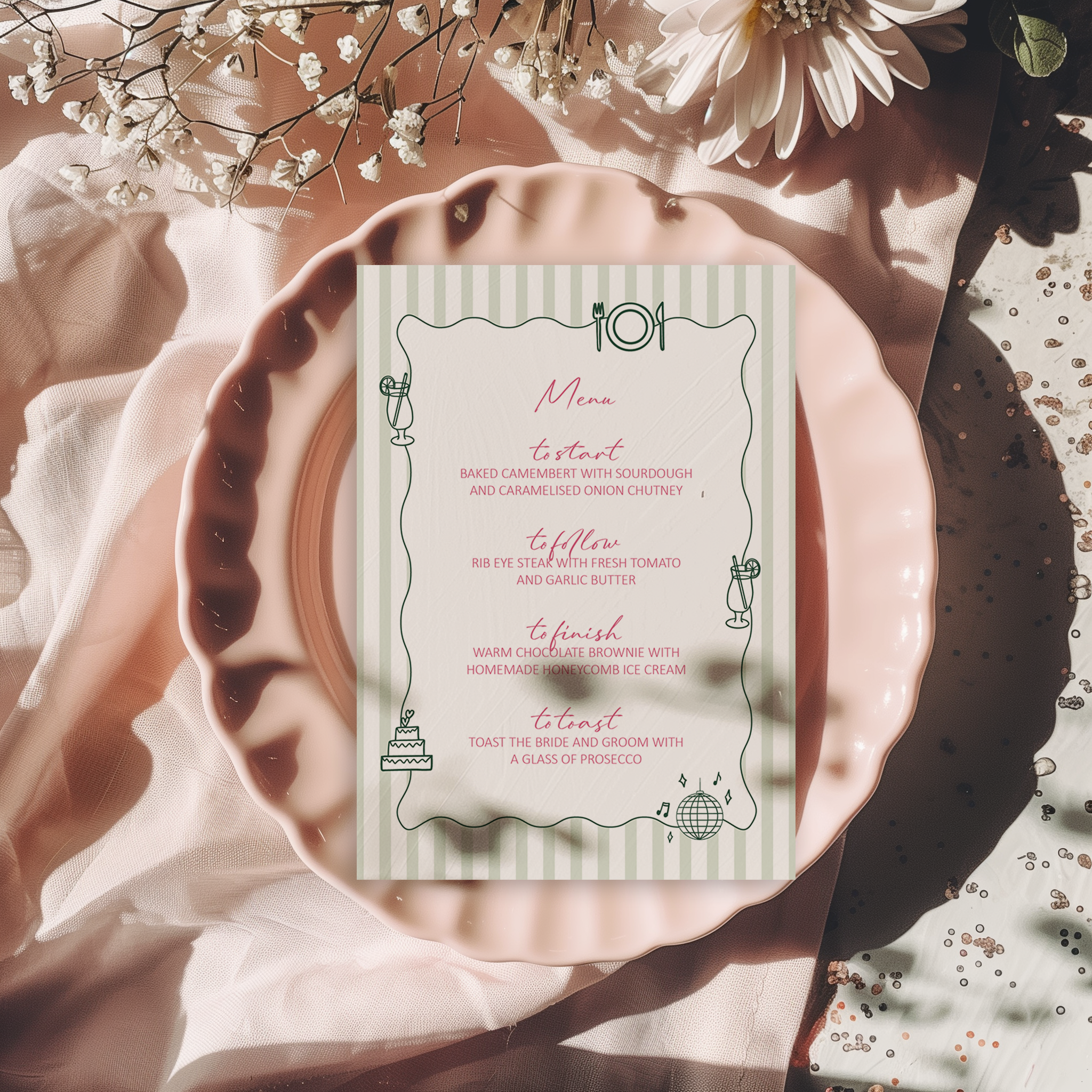Hand Illustrated Striped Green Wedding Menu