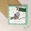 Personalised Christmas card with a cat tangled in a string of lights, surrounded by stars with green striped background and red bow.