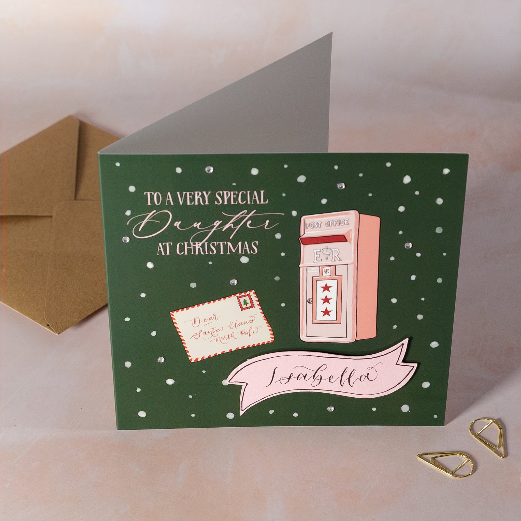 Christmas card for a special daughter with a pink post box and letter to Santa on a green background