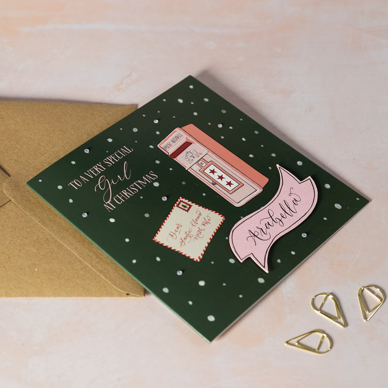 Girl's Christmas card with pink post box and personalised calligraphy name