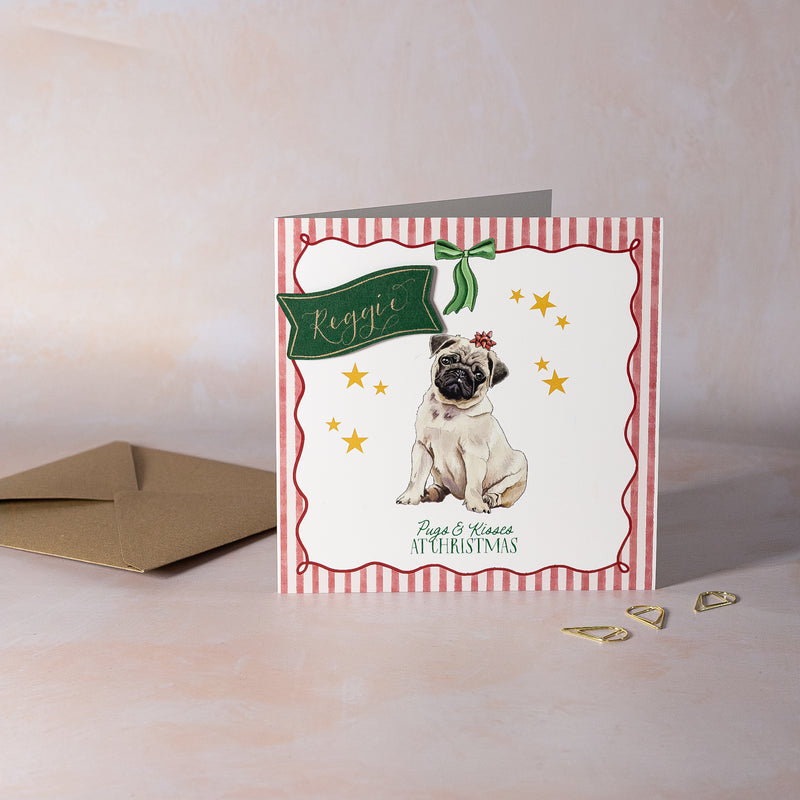Christmas card with a pug illustration and personalised calligraphy name