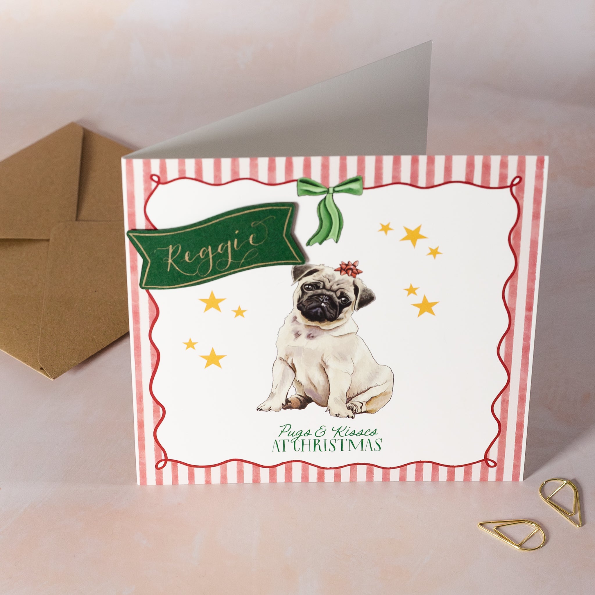 Christmas card with a pug illustration and decorative elements on a striped background