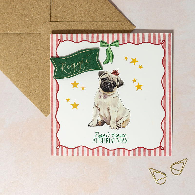 Personalised Christmas card with a pug illustration and decorative elements on a striped background