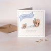 Kids Birthday card with two bears holding a banner and an envelope on a light background