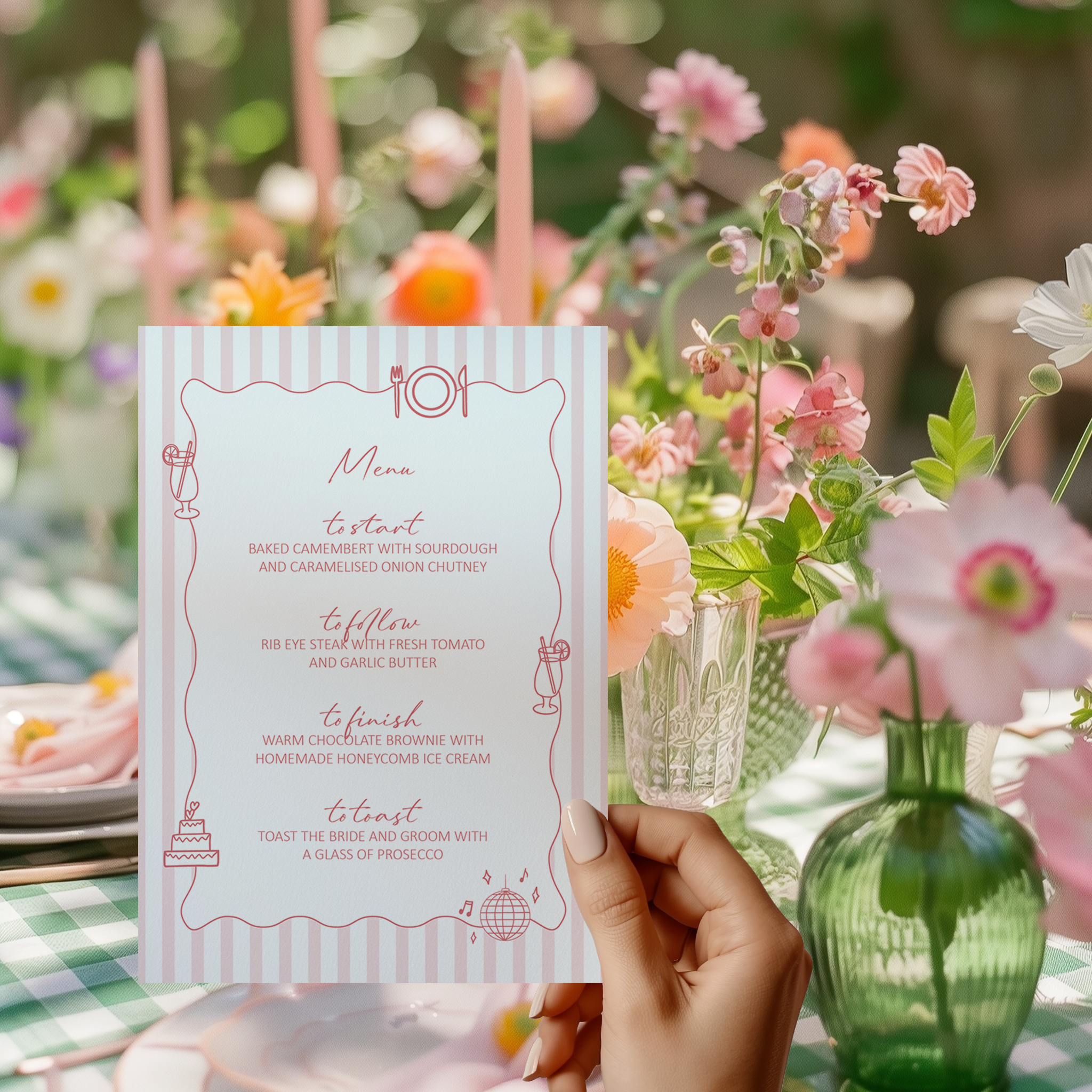 Hand Illustrated Striped Pink Wedding Menu