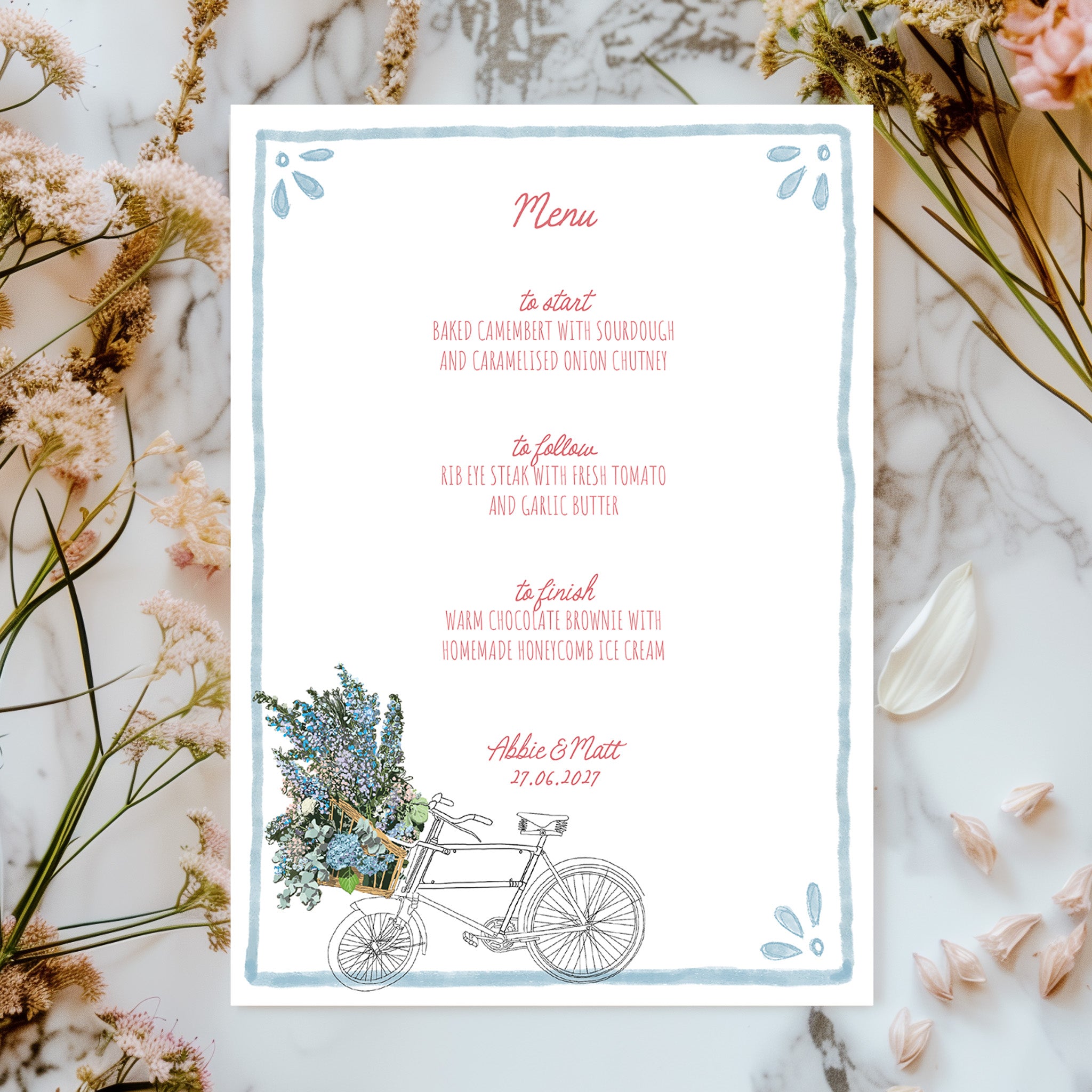 Whimsical Bike Wedding Menu | Hand Illustrated with Blue Border