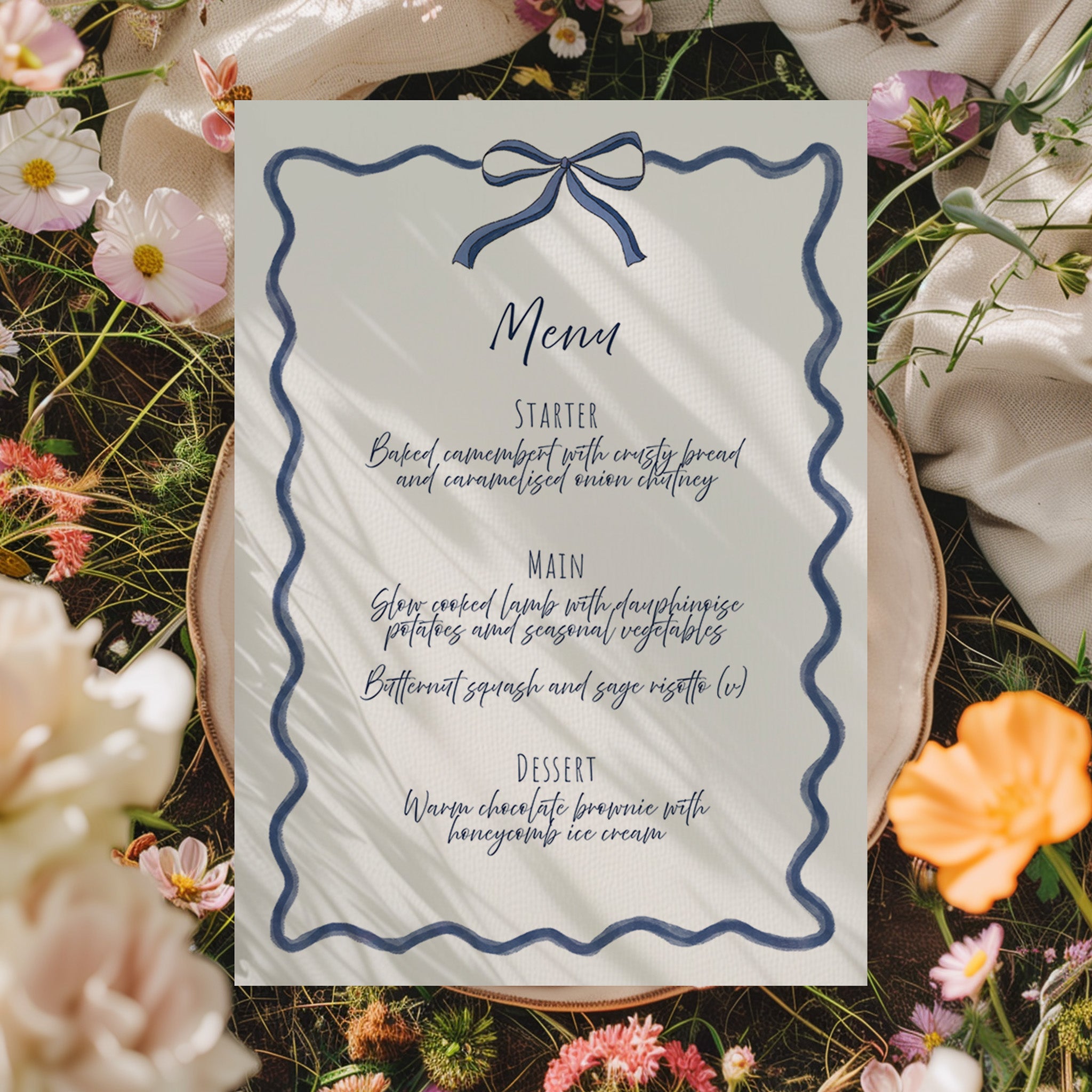 Hand Drawn Bow Wedding Menu | Navy Bow Event Stationery