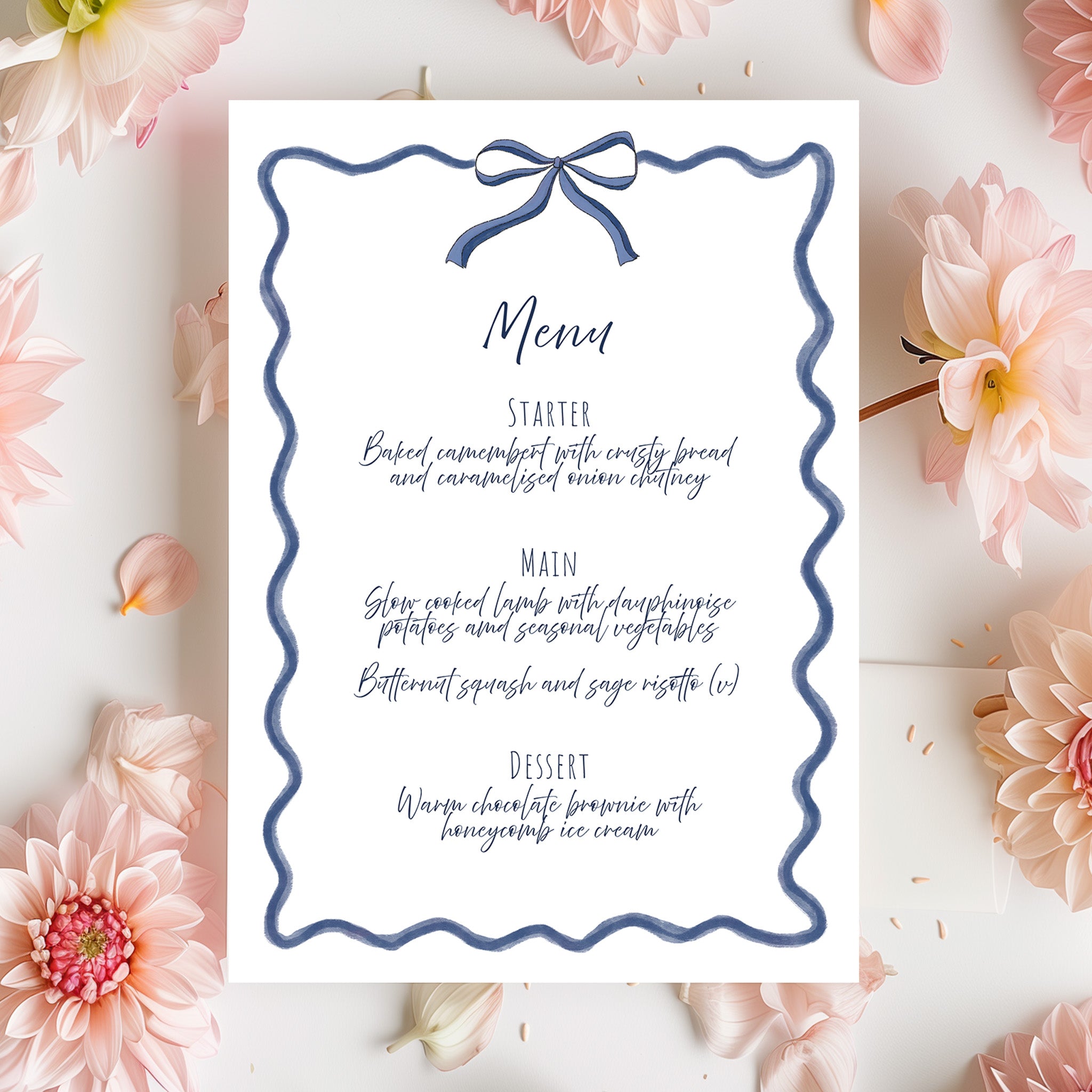Hand Drawn Bow Wedding Menu | Navy Bow Event Stationery