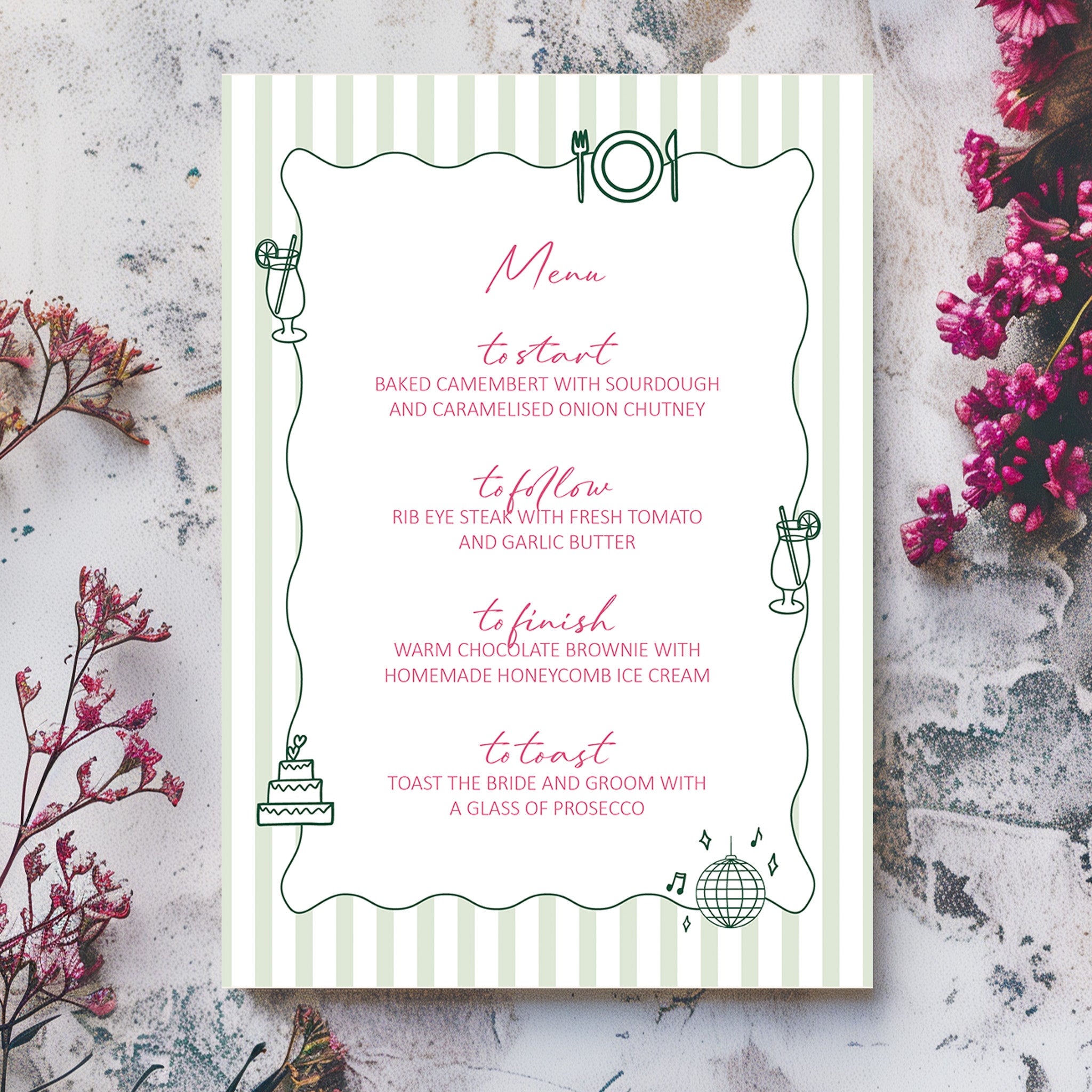 Hand Illustrated Striped Green Wedding Menu