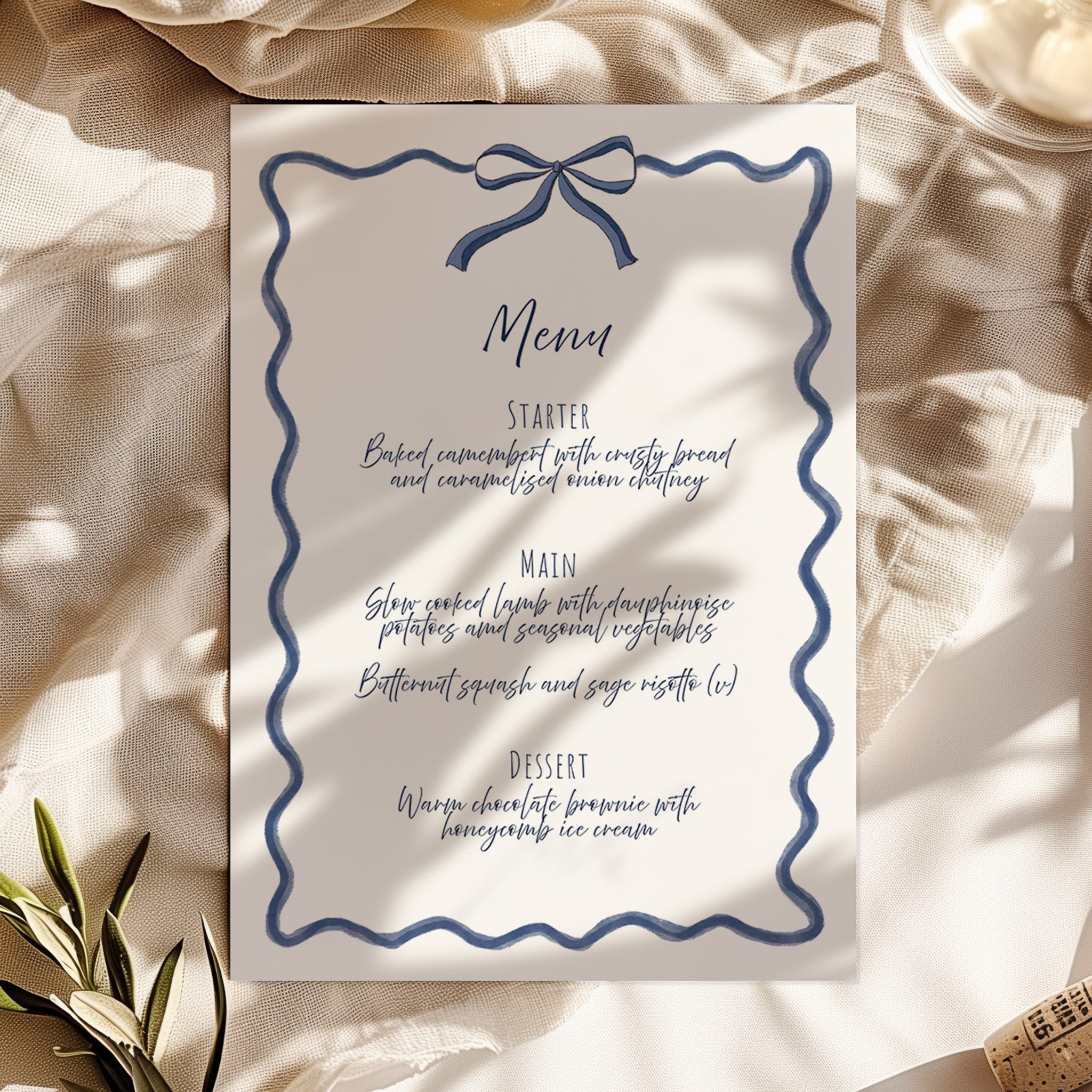 Hand Drawn Bow Wedding Menu | Navy Bow Event Stationery