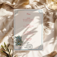 Whimsical Bike Wedding Menu | Hand Illustrated with Blue Border
