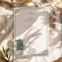 Whimsical Bike Wedding Menu | Hand Illustrated with Green Border