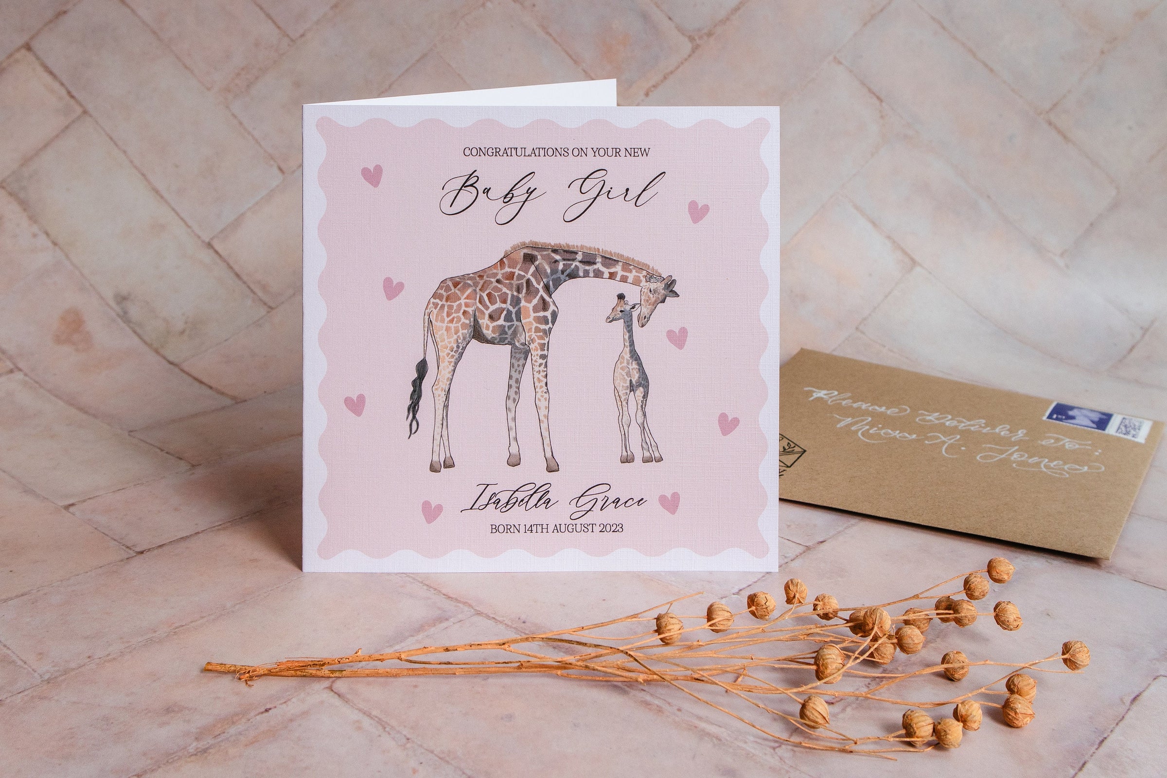 Personalised Giraffe Baby Girl Card - Baby Shower / New Baby / New Arrival