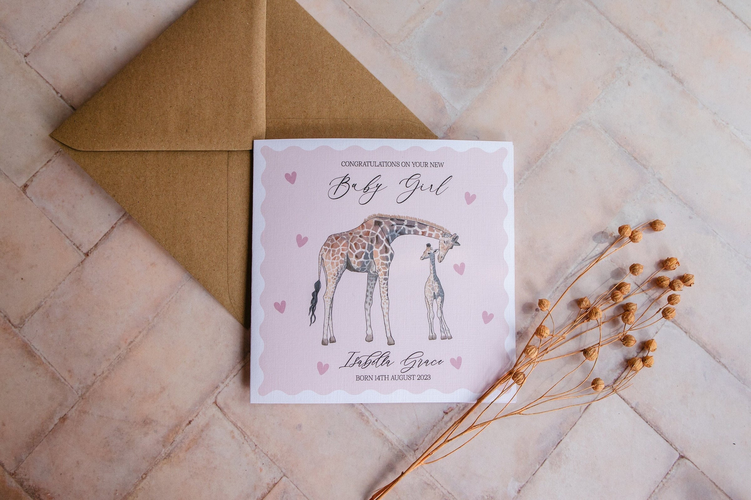 Personalised Giraffe Baby Girl Card - Baby Shower / New Baby / New Arrival