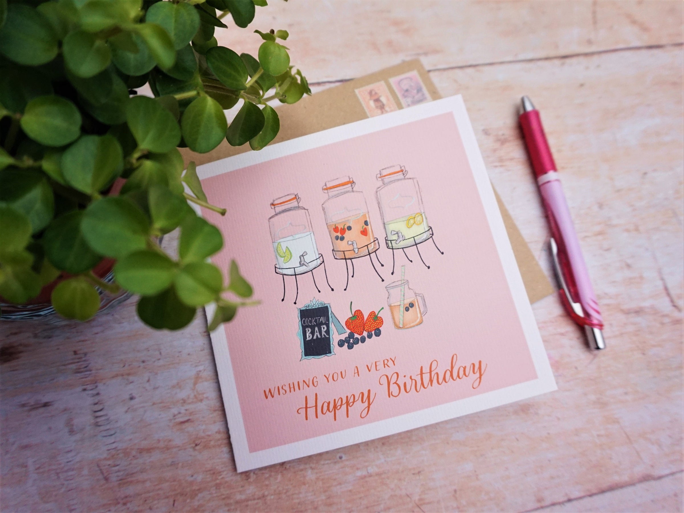 Cocktail Jars Birthday Card - Greetings Card / Pink / Drinks