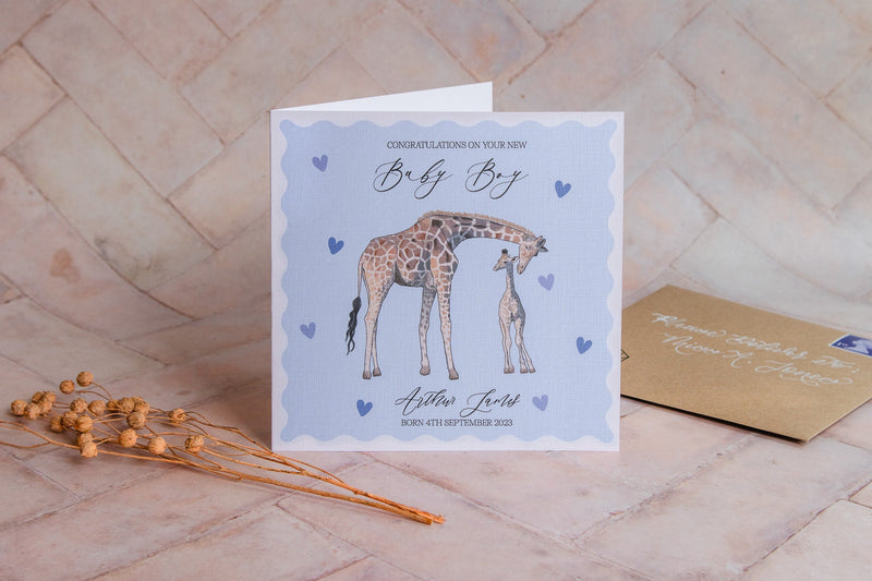 Personalised Giraffe Baby Boy Card - Baby Shower / New Baby / New Arrival